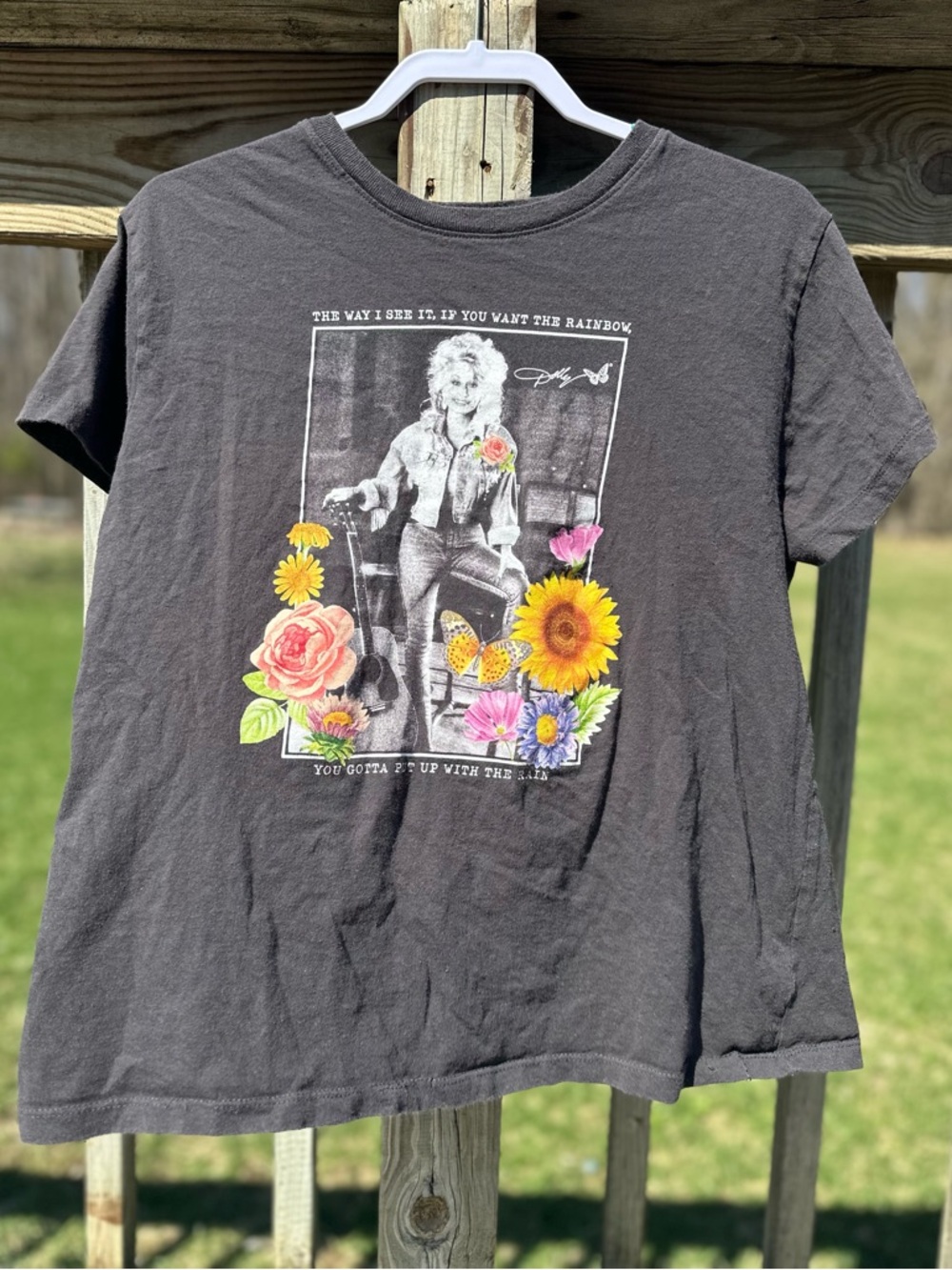 Women's Dolly Black Short Sleeve Graphic Tee with Floral Accent